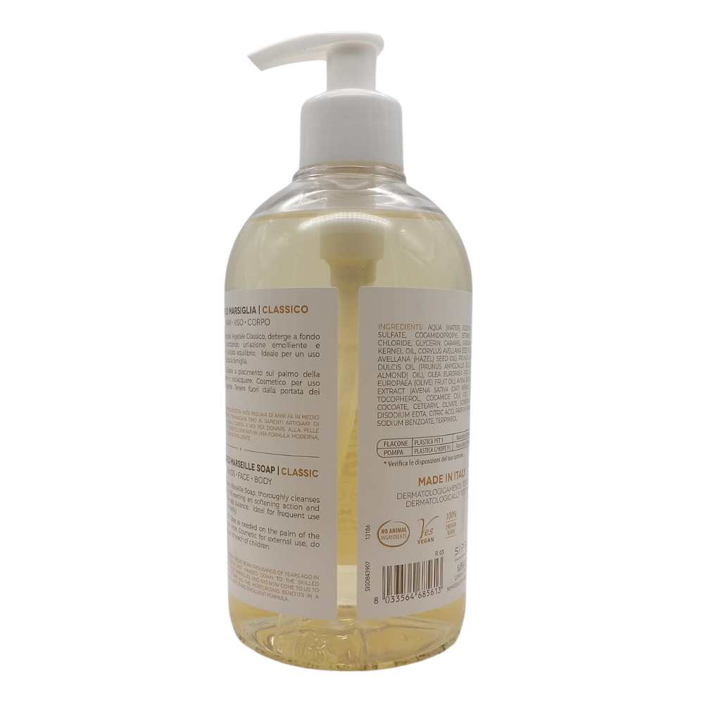 SAPONIFICIO VENEZIANO Sapone Di Marsiglia Vegetale Per Mani, Viso e Corpo. Con Tappo Dosatore 500ml (CLASSICO)