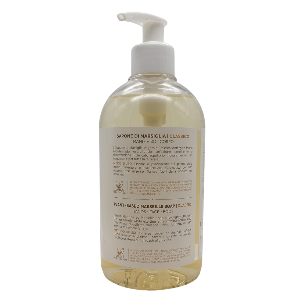 SAPONIFICIO VENEZIANO Sapone Di Marsiglia Vegetale Per Mani, Viso e Corpo. Con Tappo Dosatore 500ml (CLASSICO)