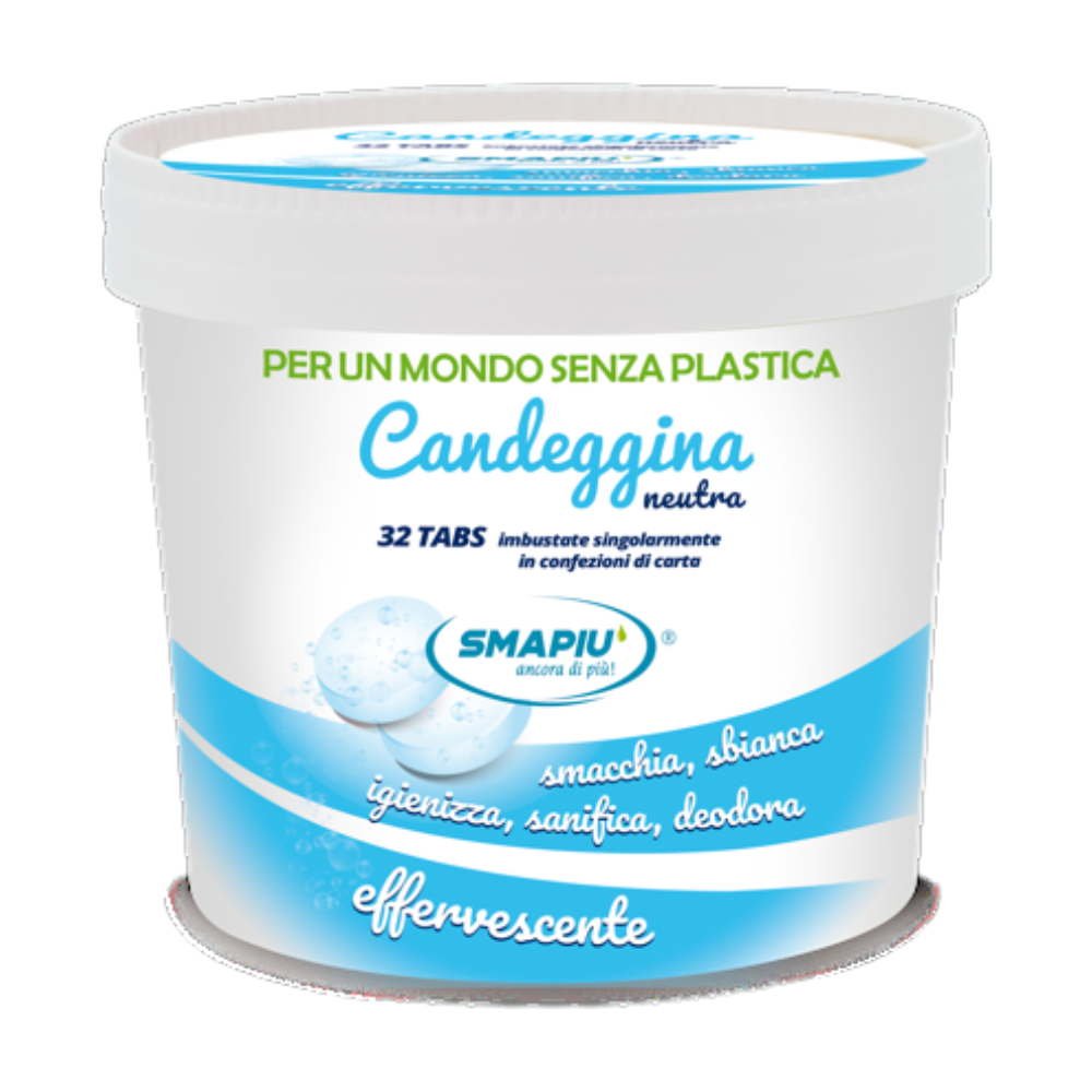 Smapiù Candeggina in Pastiglie, Equivalente a 5lt di Candeggina Liquida Pura, Meno Peso da Portare, Meno Plastica, Meno Inquinamento, Più Ecologia, Neutra, Confezione da 32 Tabs