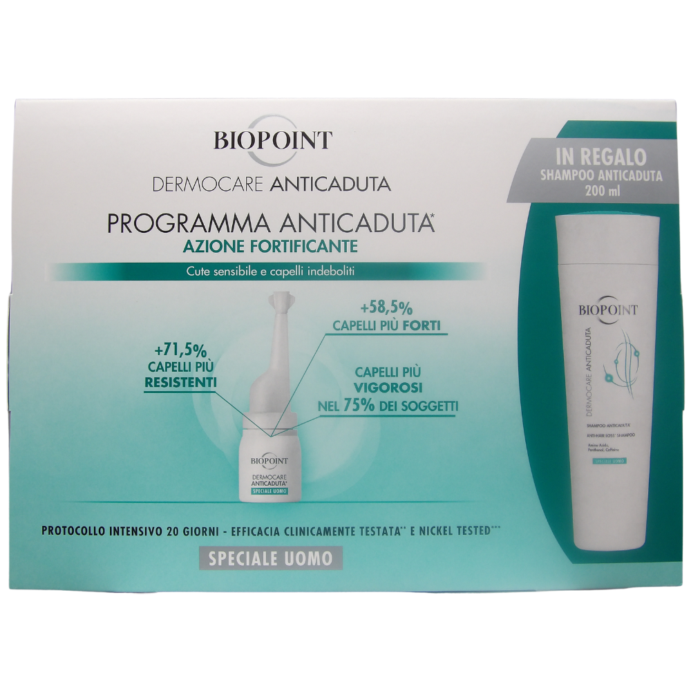 Biopoint Dermocare Anticaduta – Fiale Anticaduta Capelli Uomo, n.20 Fiale da 6 ml, ad Azione Fortificante, per Cute Sensibile e Capelli Indeboliti, Protocollo Intensivo 20 giorni. Incluso shampoo anticaduta