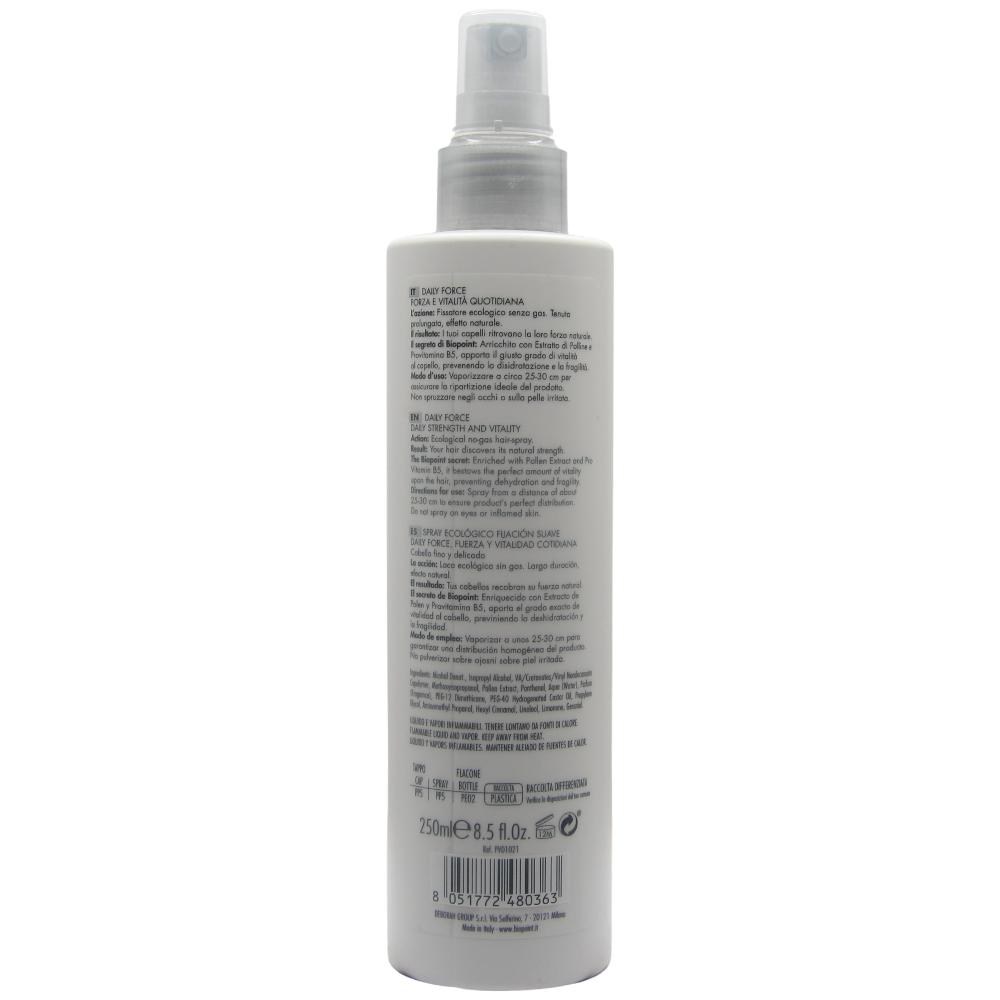 Biopoint Daily Force - Spray Capelli Ecologico a Fissaggio Morbido e Naturale Senza Gas, Azione Protettiva e Rinforzante, Dona Morbidezza e Leggerezza, 250 ml