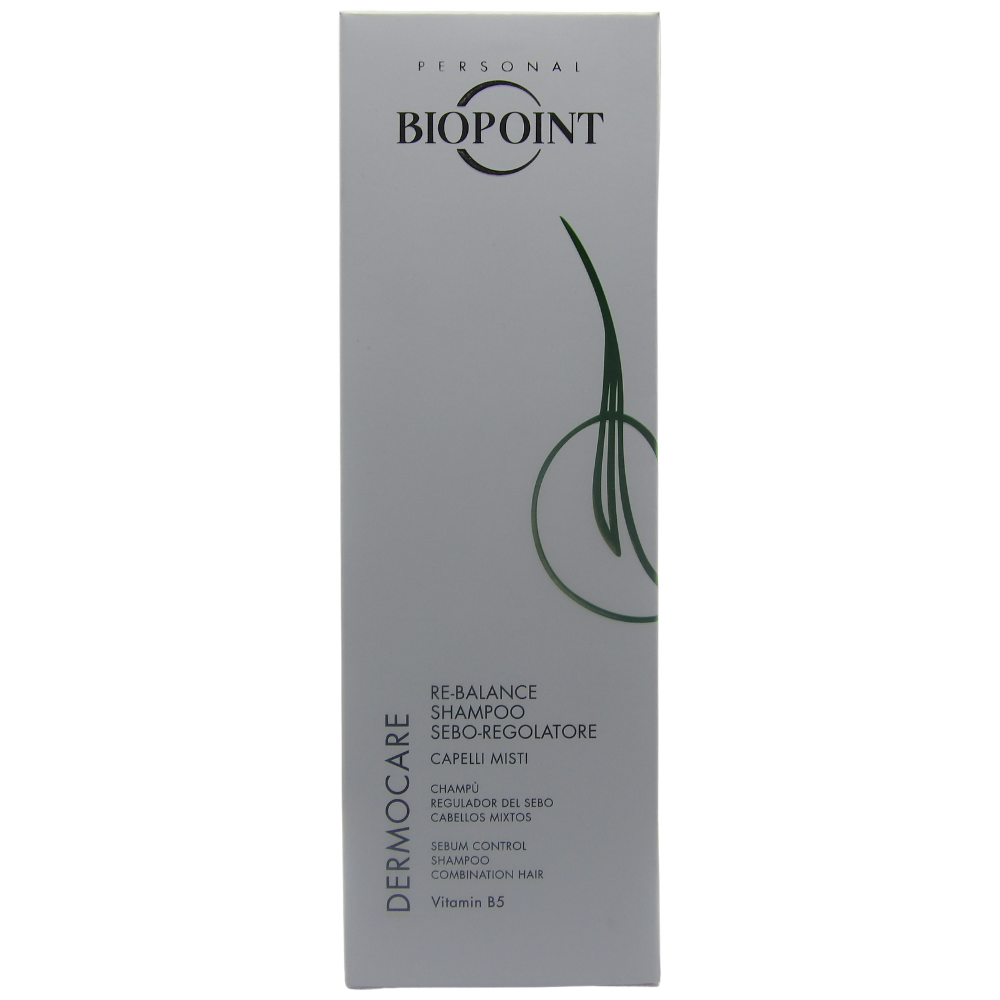 BIOPOINT Shampoo Sebo-Regolatore DERMOCARE RE-BALANCE, Per Capelli Misti. Con Vitamina B5. Per Cute Sana e Capelli Belli, Leggeri e Luminosi 200ml