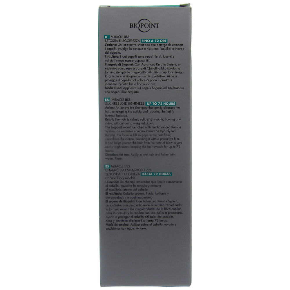 Biopoint Miracle Liss - Shampoo Liscio 72h, Azione Detergente Delicata, Ripristina l’Equilibrio del Capello, Dona Capelli Leggeri, Lisci e Setosi a lungo, 200 ml