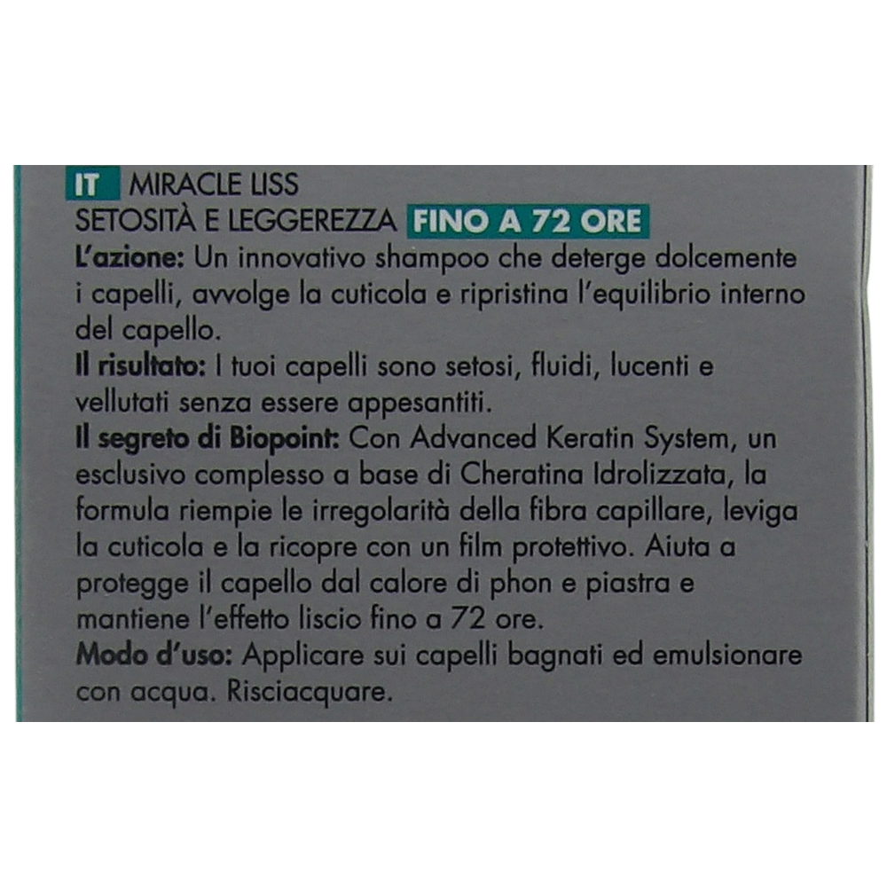 Biopoint Miracle Liss - Shampoo Liscio 72h, Azione Detergente Delicata, Ripristina l’Equilibrio del Capello, Dona Capelli Leggeri, Lisci e Setosi a lungo, 200 ml