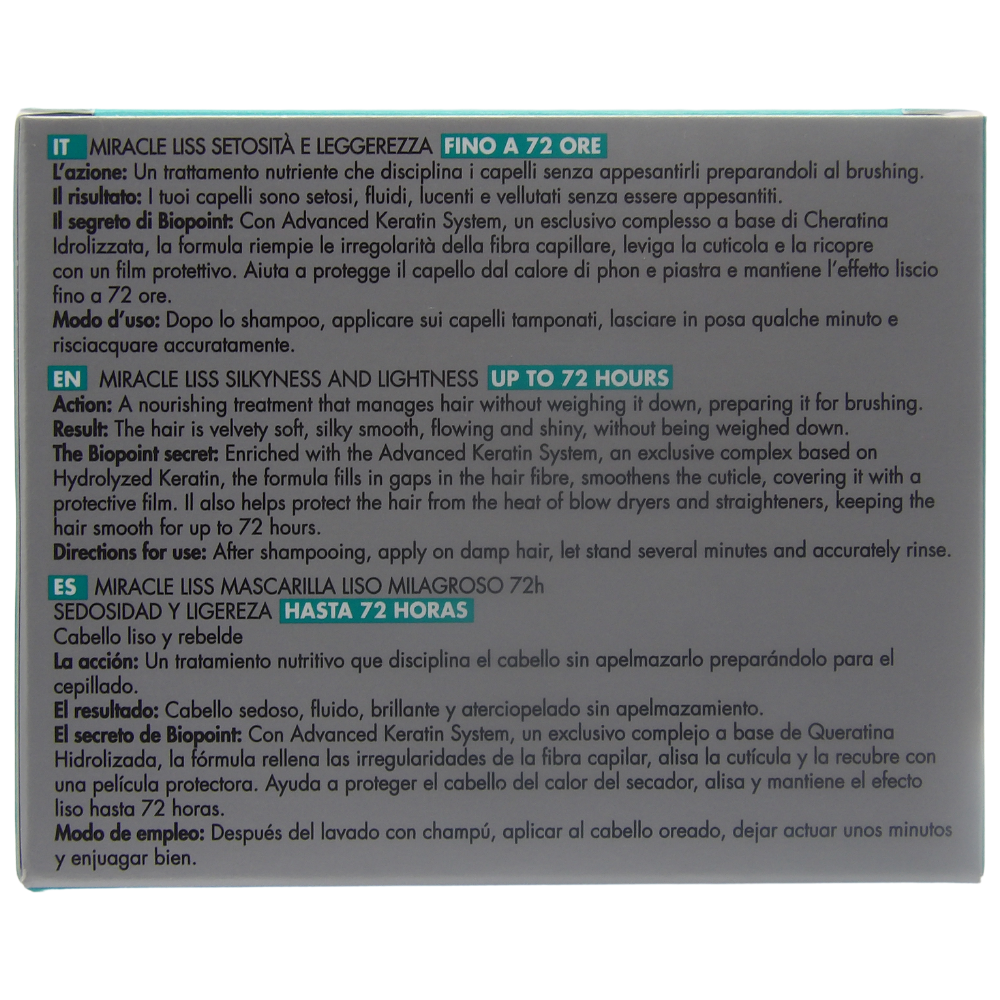 BIOPOINT Maschera Disciplinante MIRACLE LISS, Per Capelli Lisci, Crespi e Ribelli. Texture Ricca e Cremosa Che Svolge Un'Azione Disciplinante e Lisciante 200ml