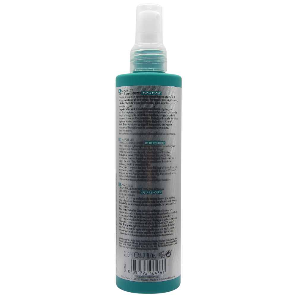 Biopoint Miracle Liss - Spray Capelli Senza Risciacquo 72h, Azione Anticrespo, Lisciaggio 72h, Dona Morbidezza e Leggerezza, 200 ml