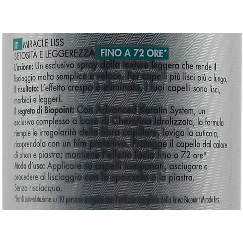 Biopoint Miracle Liss - Spray Capelli Senza Risciacquo 72h, Azione Anticrespo, Lisciaggio 72h, Dona Morbidezza e Leggerezza, 200 ml