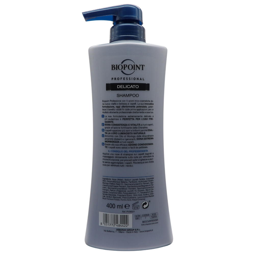 Biopoint Shampoo Delicato Con Olio di Moringa Per Uso Frequente - 5 Azioni 400ml. Questo shampoo è formulato per detergere delicatamente cute e capelli.
