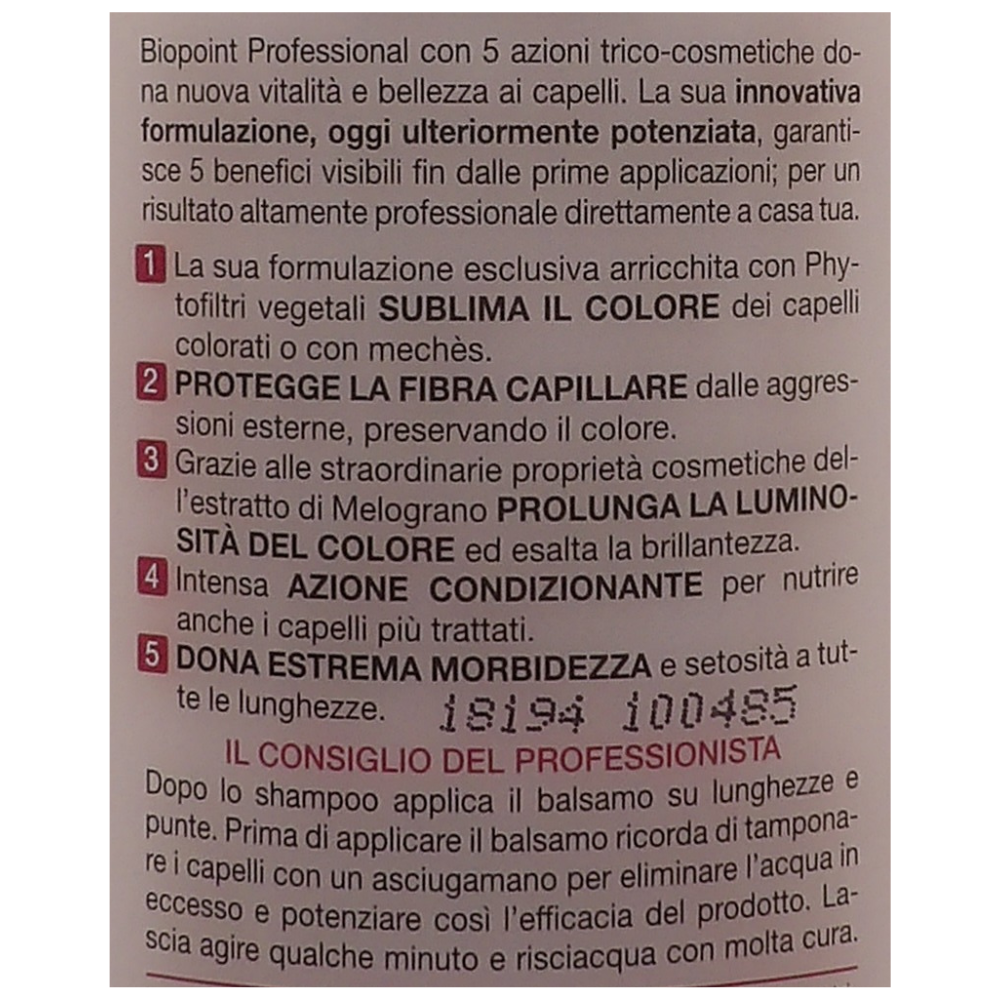 Biopoint Professional Colore Vivo Balsamo professionale per capelli 400 ml. È un balsamo progettato per proteggere e sublimare i capelli colorati o con mèches.