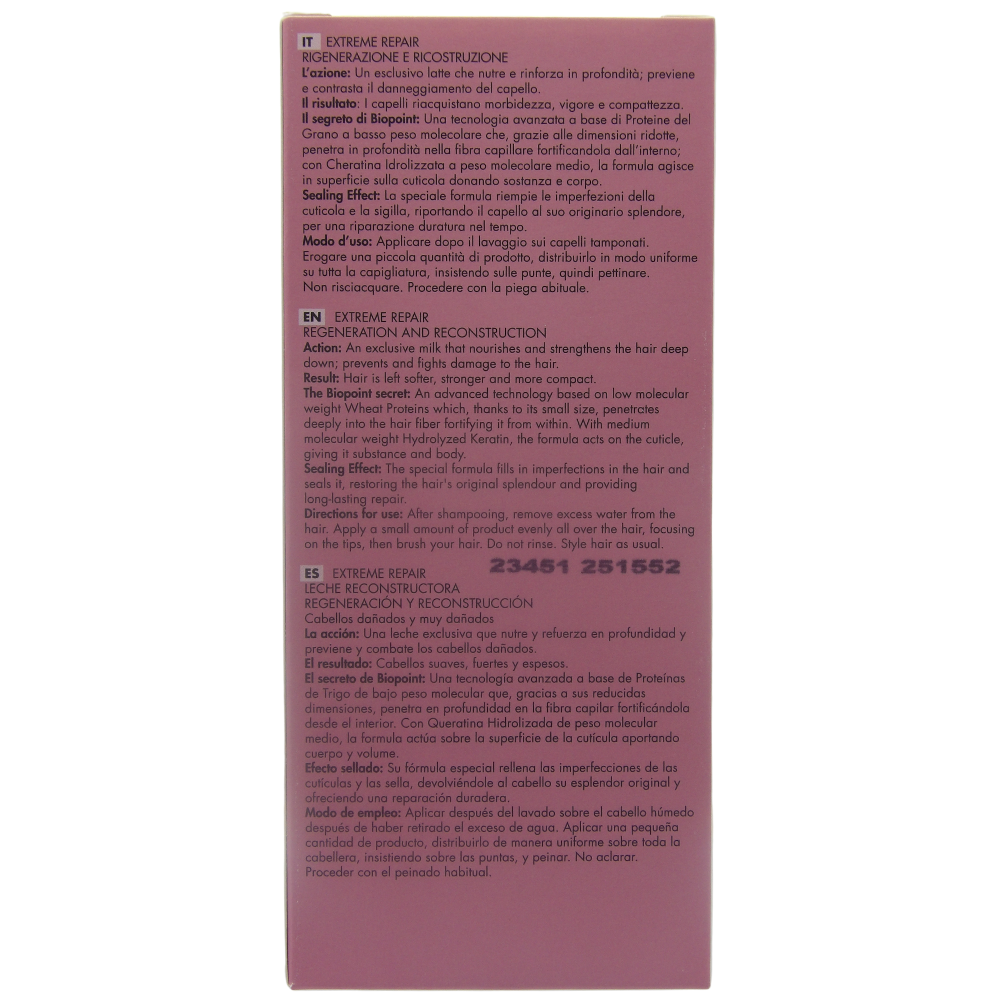 Biopoint Extreme Repair - Latte Riparazione Senza Risciacquo, Azione Idratante, Nutriente e Fortificante, Contrasta il Danneggiamento del Capello, 125 ml