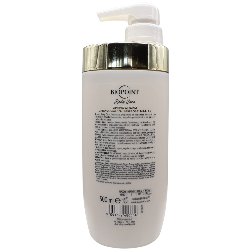 Biopoint - Crema Corpo Divine Cream, 3% Siero con Acido Ialuronico, Betaina e Glicerina, Nutre e Idrata Donando una Profumazione Unica e Raffinata alla Pelle, 500 ml
