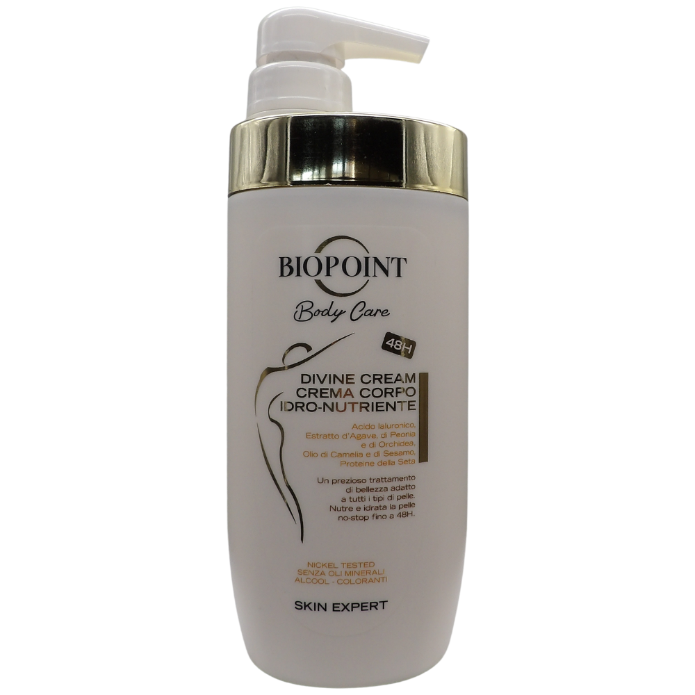 Biopoint - Crema Corpo Divine Cream, 3% Siero con Acido Ialuronico, Betaina e Glicerina, Nutre e Idrata Donando una Profumazione Unica e Raffinata alla Pelle, 500 ml
