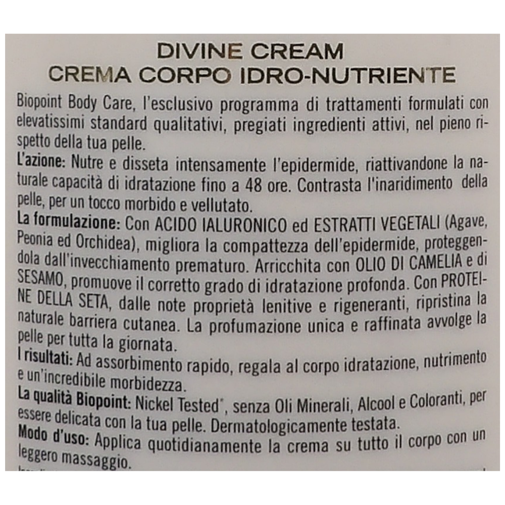 Biopoint - Crema Corpo Divine Cream, 3% Siero con Acido Ialuronico, Betaina e Glicerina, Nutre e Idrata Donando una Profumazione Unica e Raffinata alla Pelle, 500 ml