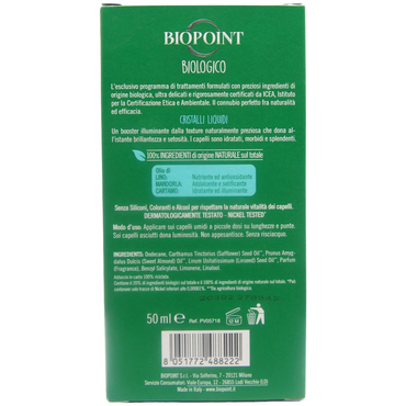 Biopoint Biologico - Cristalli Liquidi Bio per Capelli, con Olii Biologici e Semi di Lino, Azione Idratante e Nutriente, Dona Morbidezza e Brillantezza, 50 ml