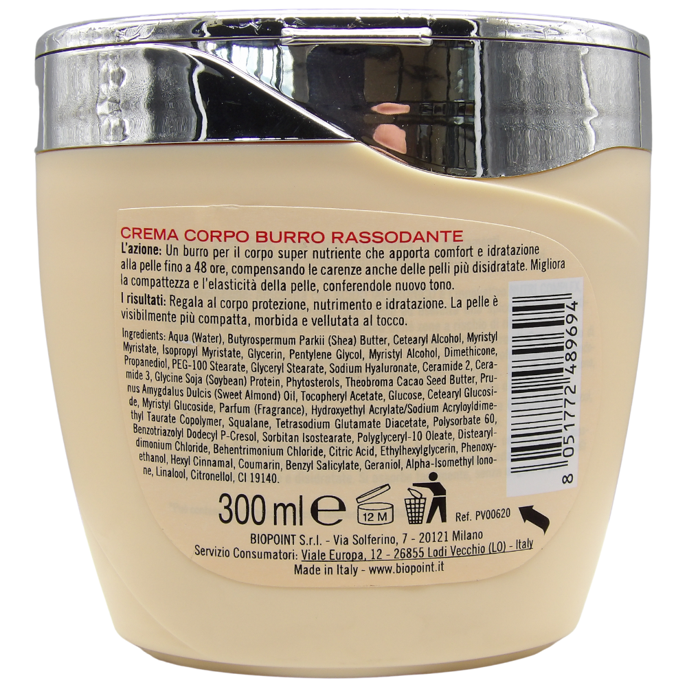 Biopoint - Crema Corpo Burro Rassodante, Azione Idratante e Nutriente Profonda Fino a 48h, Dona una Pelle Compatta, Elastica e Rassodata, 300 ml