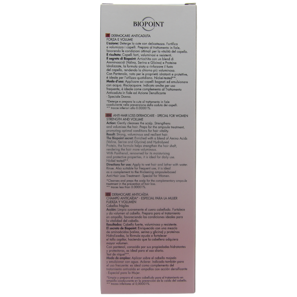 BIOPOINT Shampoo DERMOCARE ANTICADUTA Per Capelli Fragili, Speciale Donna. Deterge La Cute Con Delicatezza, Fortifica e Volumizza i Capelli 200ml