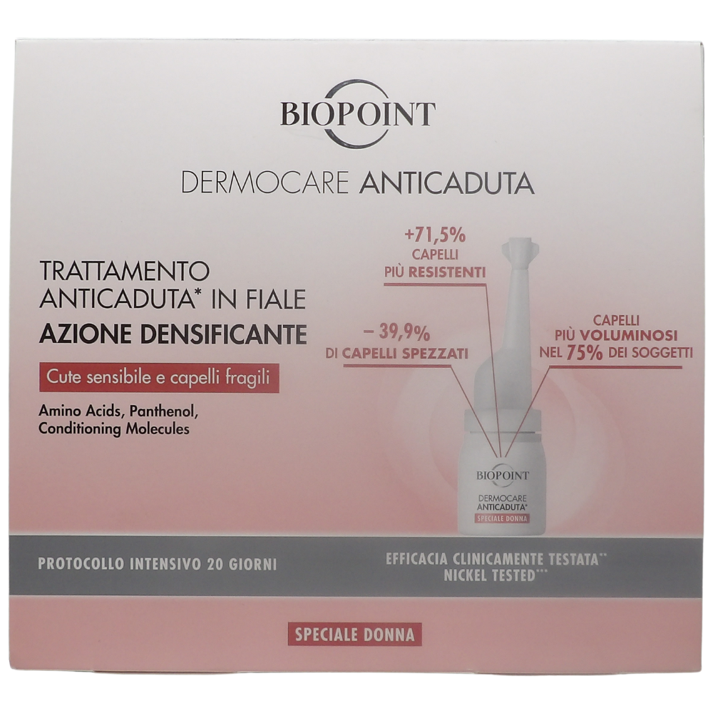 Biopoint Dermocare - 20 x 6 ml Fiale Anticaduta Capelli con Aminoacidi e Betaina, Rivitalizza il Follicolo, Volumizza il Fusto del Capello, Per Cute Sensibile, Trattamento Intensivo Venti Giorni