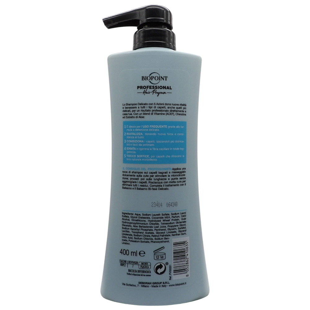 BIOPOINT Shampoo DELICATO Con Vitamins ACEF, Ultra Morbidezza, Per Tutti i Tipi Di Capelli. Dona Nuova Vitalità e Benessere 400ml