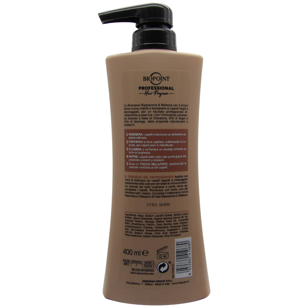 Biopoint Professional Hair Program - Shampoo Capelli Riparazione & Bellezza, Formula Ricca e Cremosa per Rigenerare i Capelli Danneggiati, 400 ml