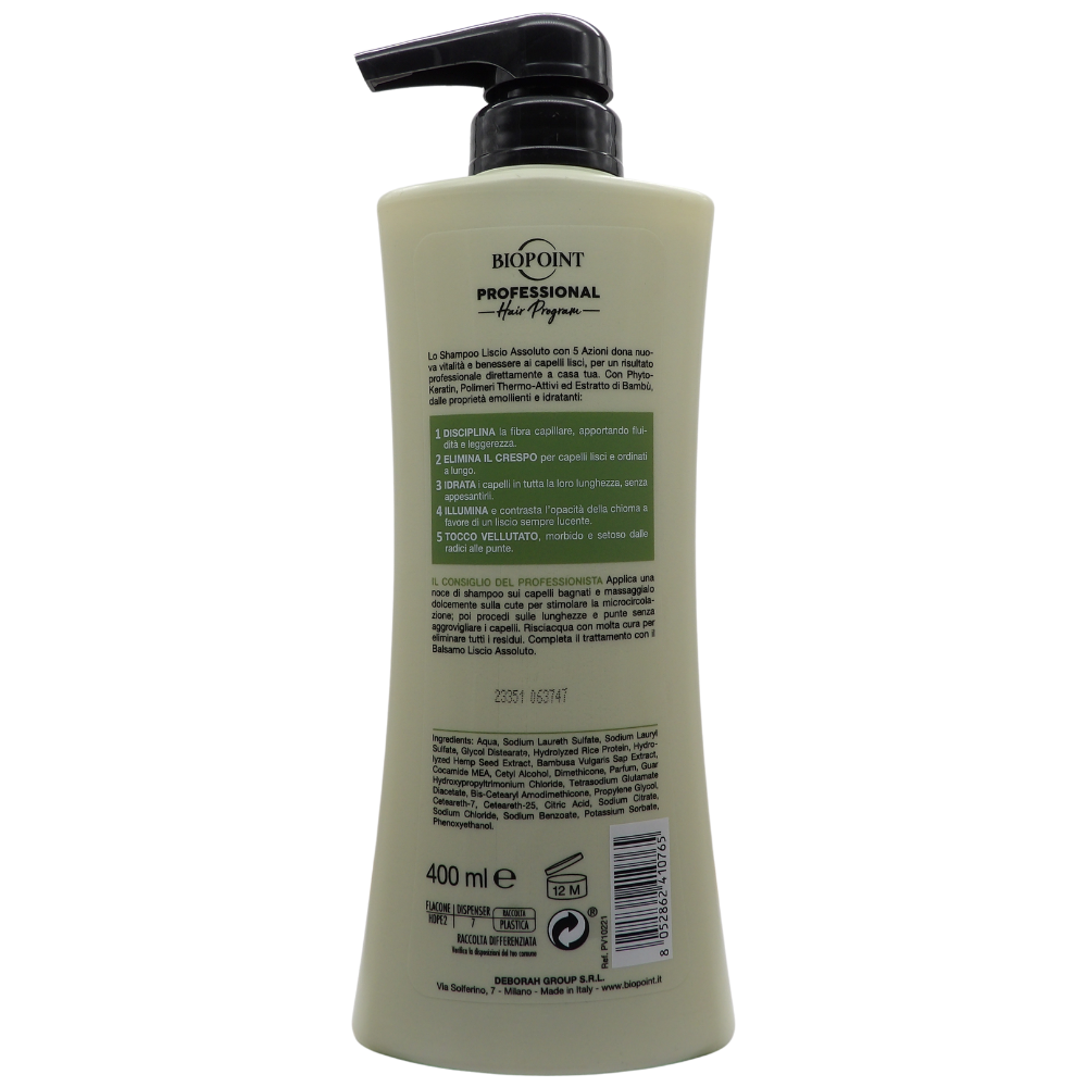 BIOPOINT Shampoo LISCIO ASSOLUTO Con Phyto-Keratin, Ultra Setosità, Per Capelli Lisci. 5 Azioni: Disciplina, Elimina Il Crespo, Idrata, Illumina, Tocco Vellutato 400ml