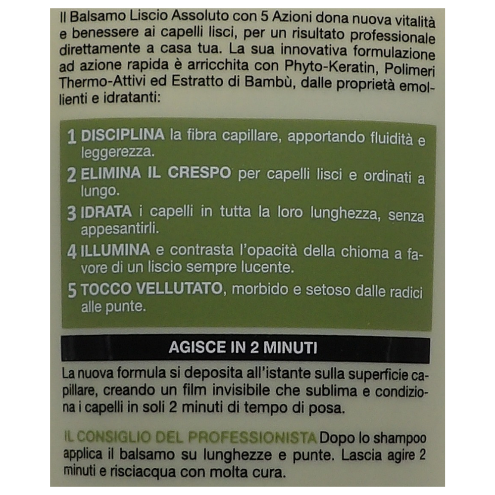 Biopoint Professional Liscio Assoluto Balsamo Formula Ultra Setosita' 5 Azioni Capelli Lisci Tubo 350 ml