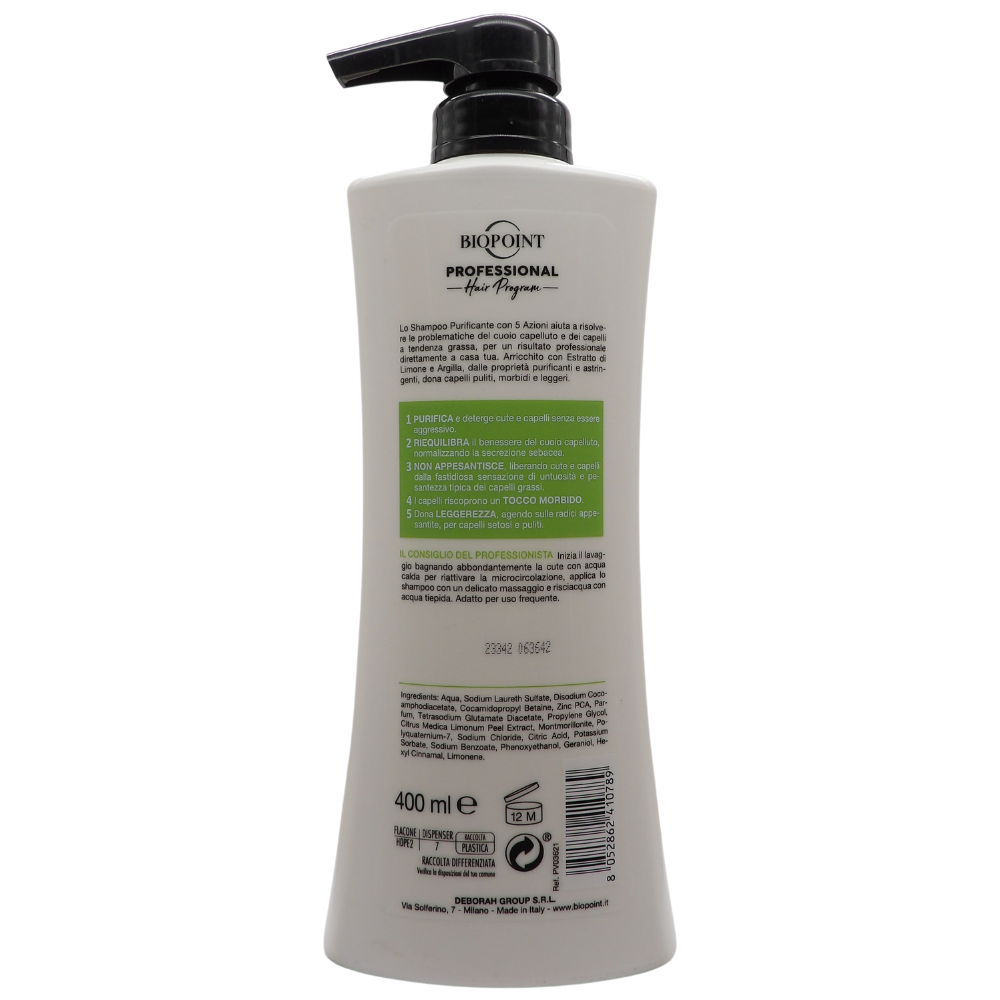 BIOPOINT Shampoo PURIFICANTE Con Estratto Di Limone, Per Capelli Grassi. Sebo-Normalizzante, 5 Azioni 400ml