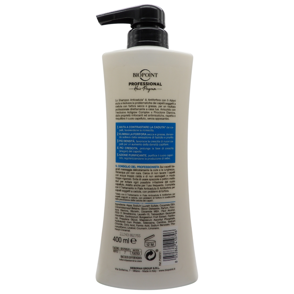 BIOPOINT Shampoo ANTICADUTA & ANTIFORFORA Ultra Riequilibrante, Con Actigrow Complex e Piroctone Olamine. Per Capelli Soggetti a Caduta, Con Forfora 400ml