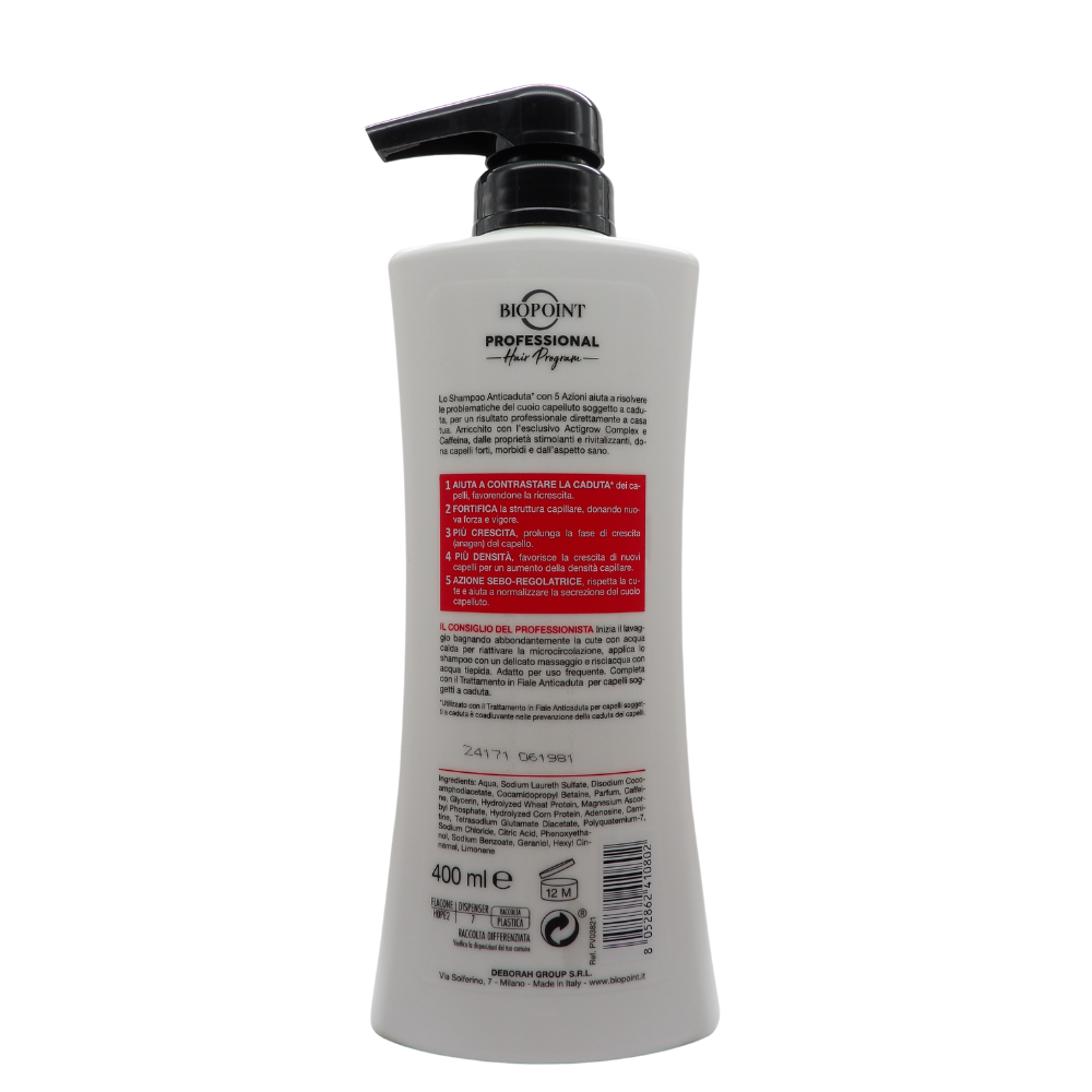 Biopoint Professional Hair Program - Shampoo Capelli Anticaduta, con Actigrow Complex e Caffeina, Dona Capelli Forti e Morbidi, 400 ml