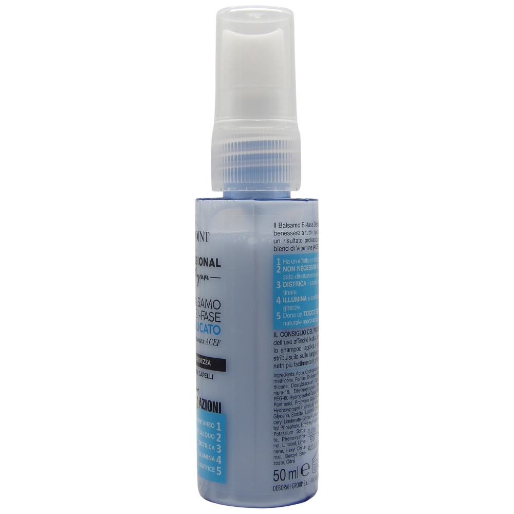 BIOPOINT Balsamo Spray Bi-Fase DELICATO Ultra Morbidezza. Con Vitamins ACEF, Tutti i Tipi Di Capelli. 5 Azioni: Istantaneo, No Risciacquo, Districa, Illumina, Tocco Soffice 50ml