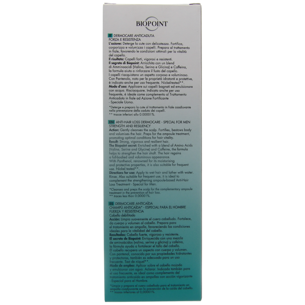 BIOPOINT Shampoo DERMOCARE ANTICADUTA Per Capelli Indeboliti, Speciale Uomo. Deterge La Cute Con Delicatezza, Fortifica, Corporizza e Volumizza i Capelli 200ml