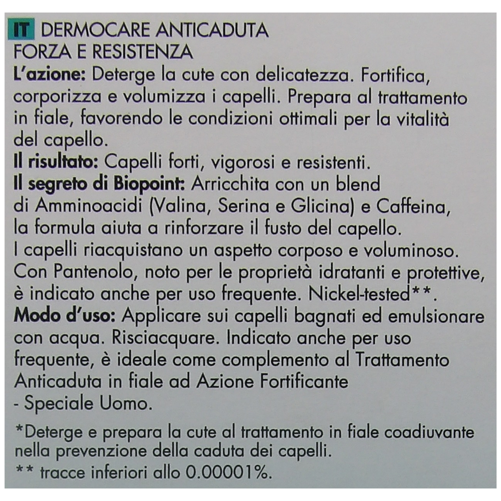BIOPOINT Shampoo DERMOCARE ANTICADUTA Per Capelli Indeboliti, Speciale Uomo. Deterge La Cute Con Delicatezza, Fortifica, Corporizza e Volumizza i Capelli 200ml