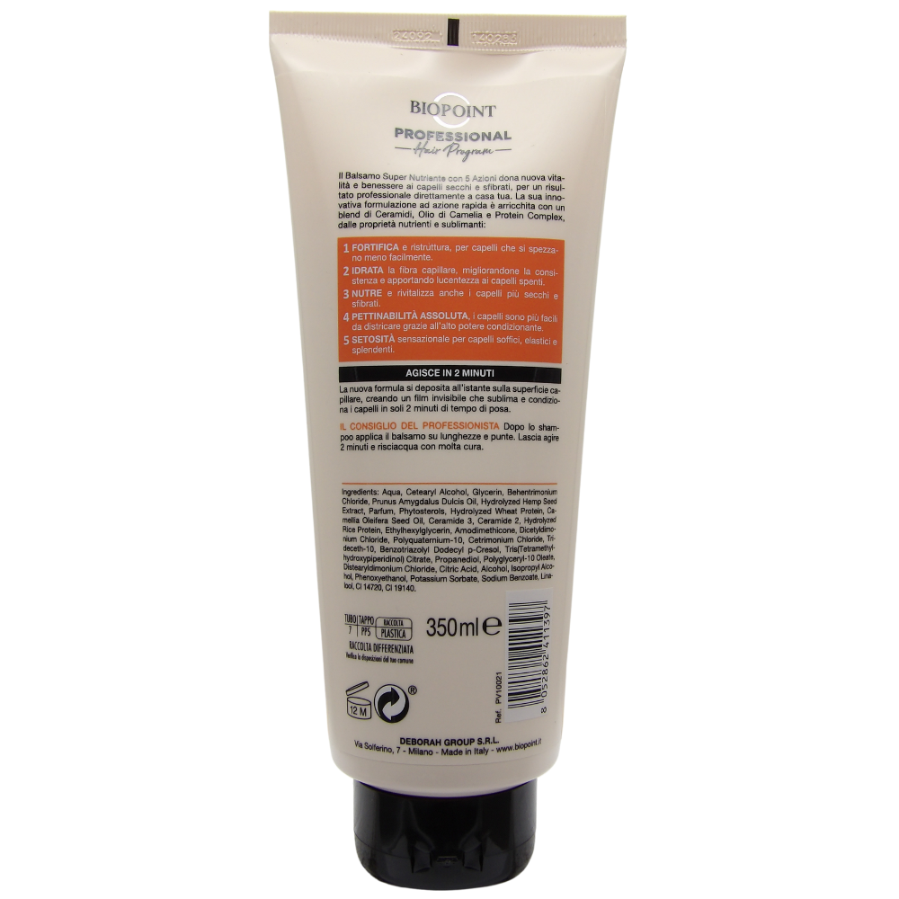 Biopoint Professional Hair Program - Balsamo Capelli Super Nutriente, Formula Ultra Ricca per Idratare e Nutrire i capelli secchi e sfibrati, 350 ml