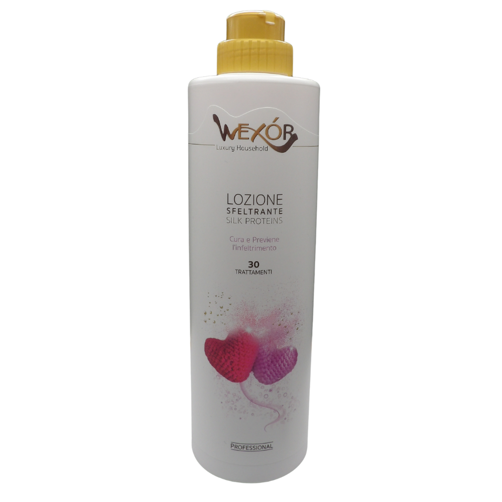 Wexór LOZIONE SFELTRANTE Silk Proteins, Cura e Previene L'Infeltrimento. Additivo Ristrutturante Per Lana Pregiata, Angora e Cashmere Che Agisce Come Maschera Di Bellezza Per Le Fibre 750ml
