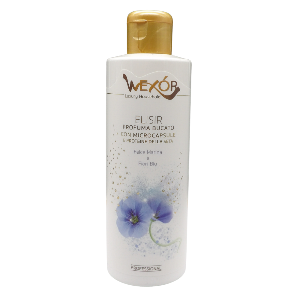 Wexór Elisir Profuma Bucato Con Microcapsule e Proteine Della Seta. Essenza Profumata Per Il Bucato FELCE MARINA E FIORI BLU 200ml