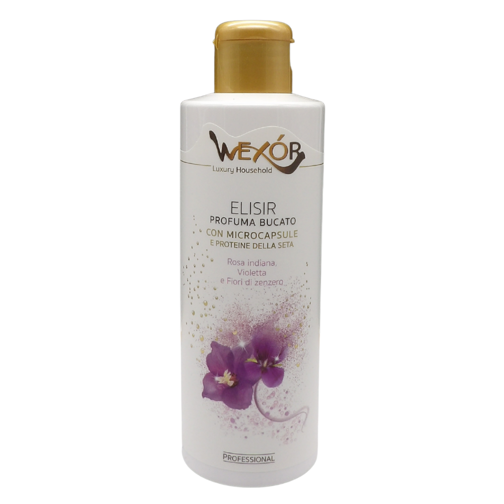 Wexór Elisir Profuma Bucato Con Microcapsule e Proteine Della Seta. Essenza Profumata Per Il Bucato ROSA INDIANA, VIOLETTA E FIORI DI ZENZERO 200ml