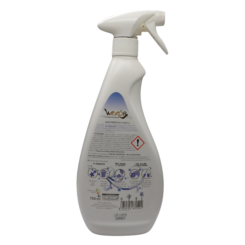 Wexór DEOBOOSTER Armonia Blu, Essenza Multiuso Spray con Microcapsule Lunghissima Durata. Profumo Di PATCHOULI, MENTA FRESCA e FIORI D'ACQUA 750ml