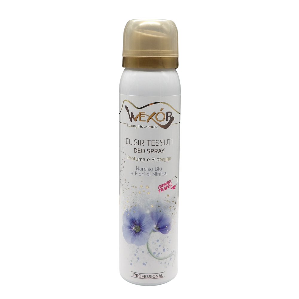 Wexór Deo Spray Formato Travel ELISIR TESSUTI Profuma e Protegge. NARCISO BLU e FIORI DI NINFEA, Fragranza Raffinata, Intensa e Preziosa 100ml
