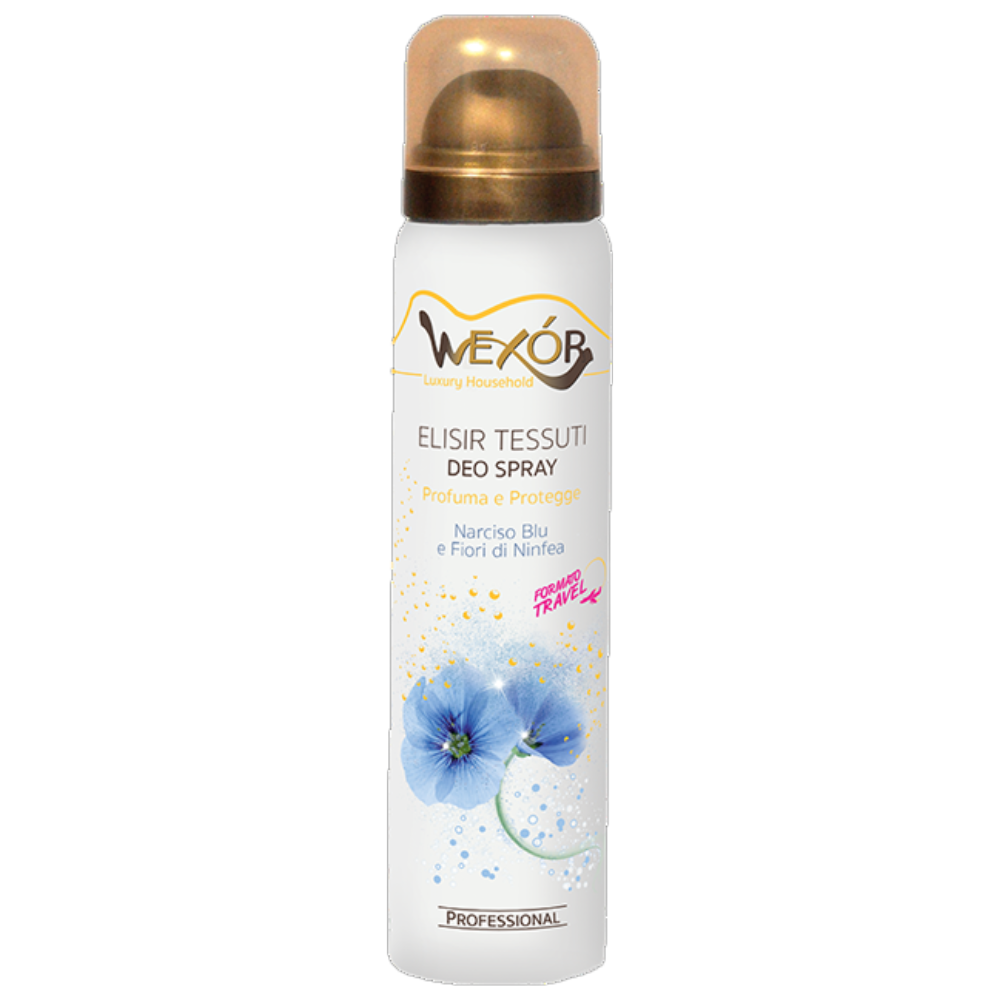 Wexór Deo Spray Formato Travel ELISIR TESSUTI Profuma e Protegge. NARCISO BLU e FIORI DI NINFEA, Fragranza Raffinata, Intensa e Preziosa 100ml