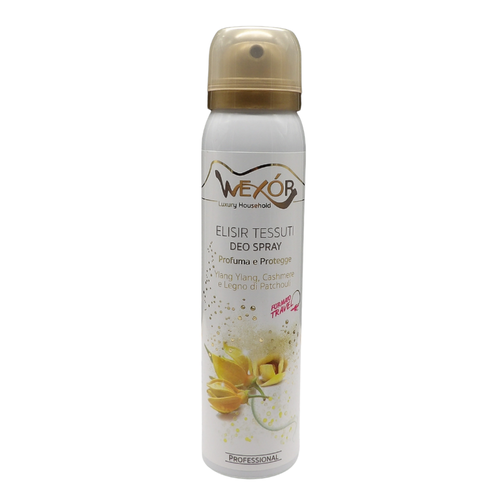 Wexór Deo Spray Formato Travel ELISIR TESSUTI Profuma e Protegge. YLANG YLANG, CASHMERE e LEGNO DI PATCHOULI, Una Fragranza Raffinata, Intensa e Preziosa 100ml