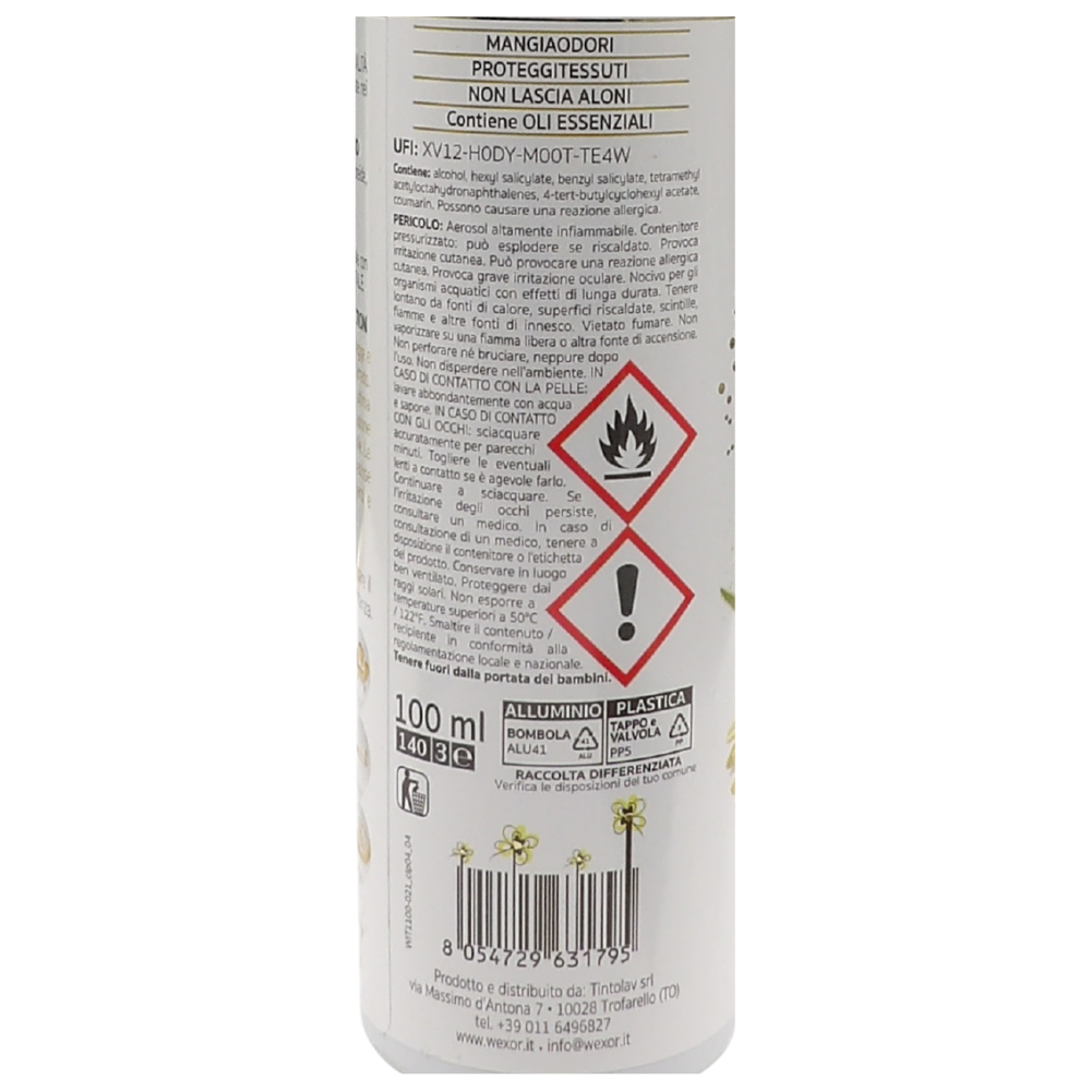 Wexór Deo Spray Formato Travel ELISIR TESSUTI Profuma e Protegge. YLANG YLANG, CASHMERE e LEGNO DI PATCHOULI, Una Fragranza Raffinata, Intensa e Preziosa 100ml