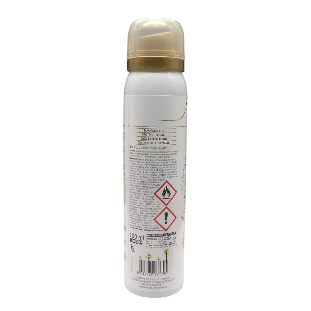Wexór Deo Spray Formato Travel ELISIR TESSUTI Profuma e Protegge. YLANG YLANG, CASHMERE e LEGNO DI PATCHOULI, Una Fragranza Raffinata, Intensa e Preziosa 100ml