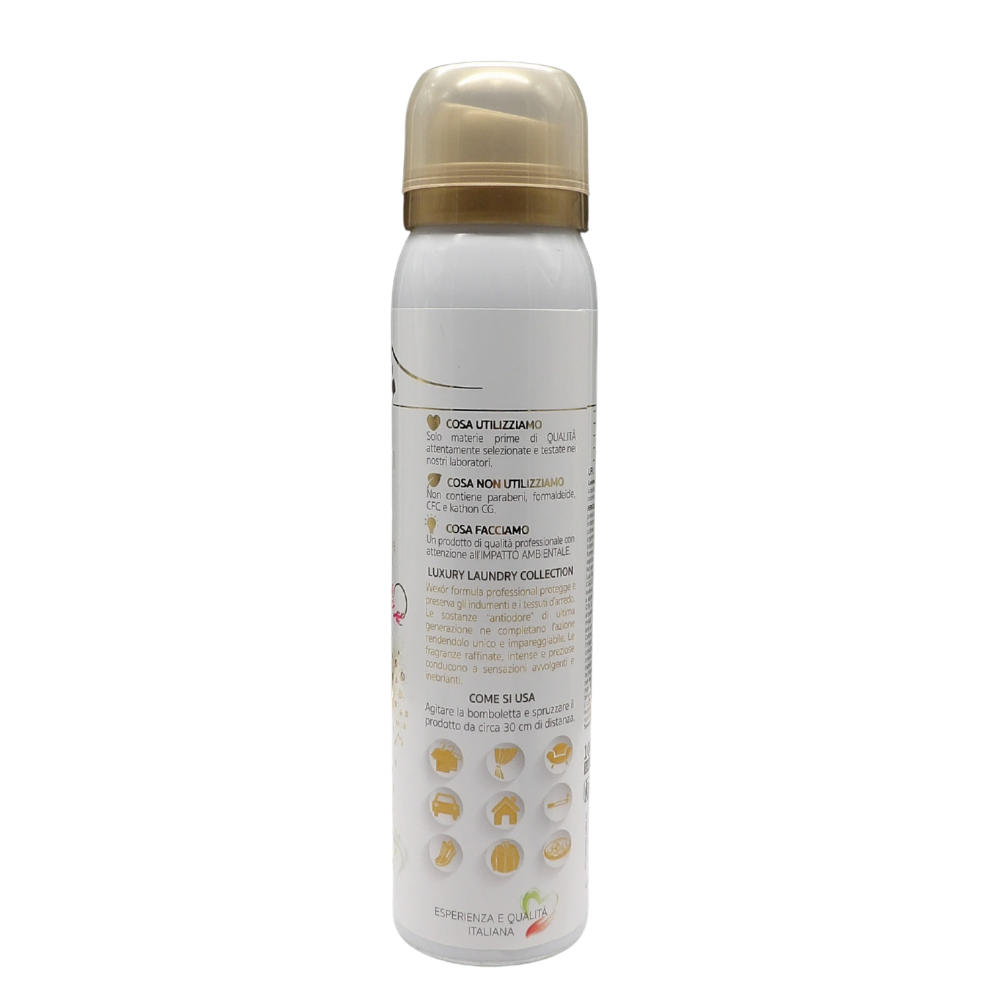 Wexór Deo Spray Formato Travel ELISIR TESSUTI Profuma e Protegge. YLANG YLANG, CASHMERE e LEGNO DI PATCHOULI, Una Fragranza Raffinata, Intensa e Preziosa 100ml