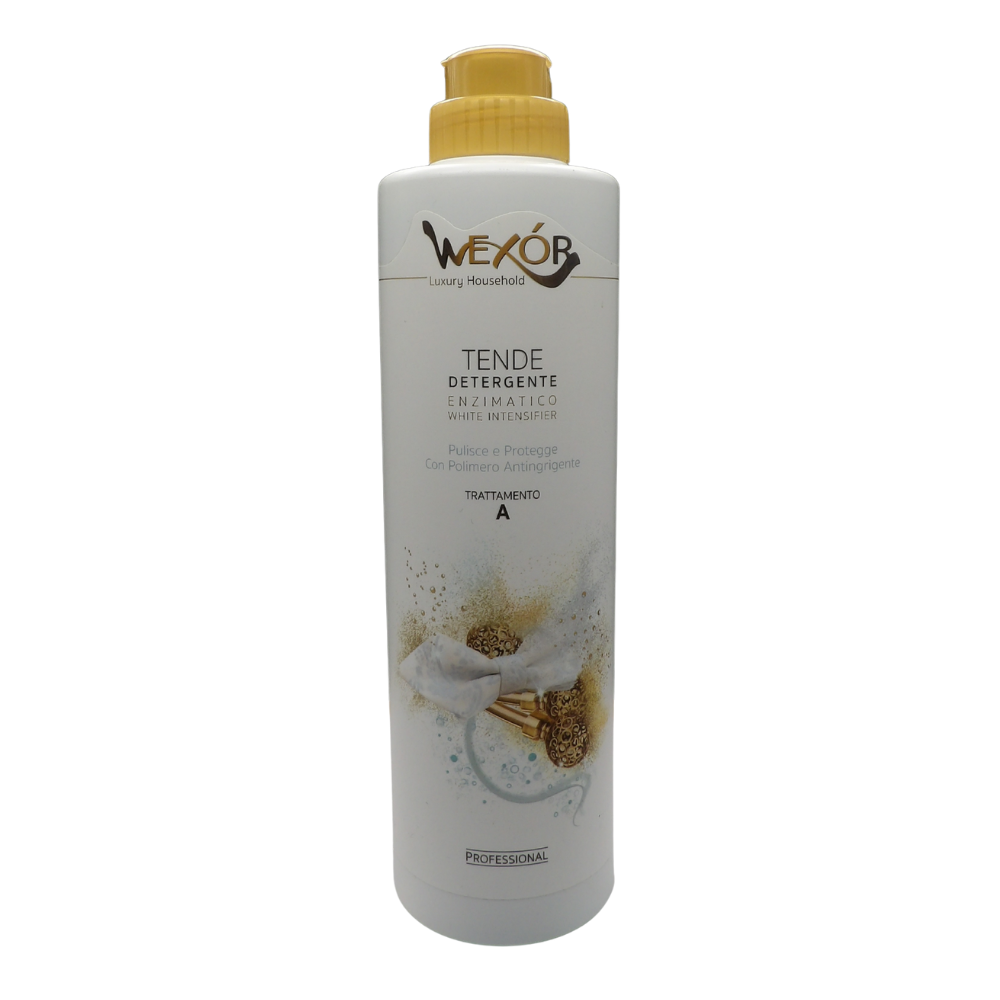 Wexór TENDE Detergente Enzimatico Trattamento A, Pulisce e Protegge Con Polimero Antingrigente. Prodotto Specifico Per Tende Bianche. La Speciale Formula Le Pulisce In Profondità e Ne Ripristina L’Originale Brillantezza 750ml