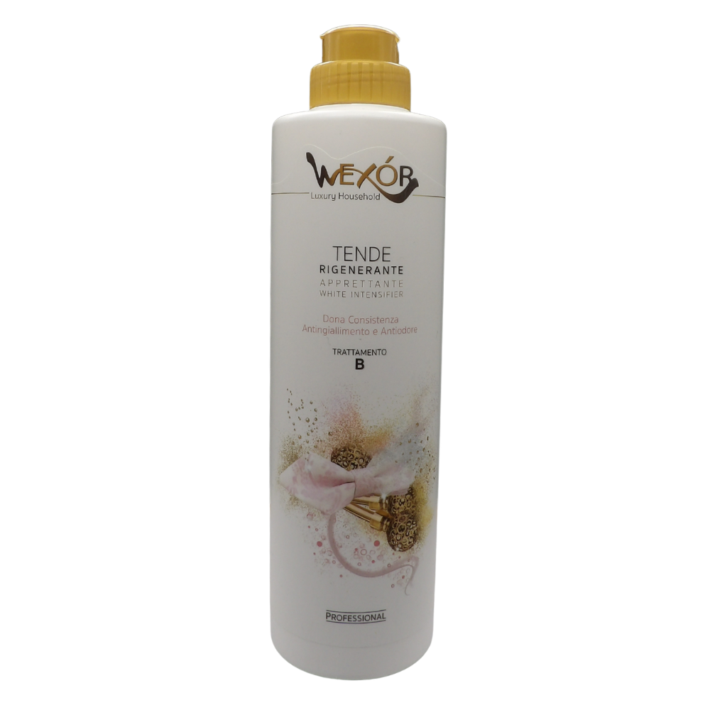 Wexór TENDE Rigenerante Apprettante Trattamento B, Dona Consistenza Antingiallimento e Antiodore. Prodotto Specifico Per Tende Bianche. La Speciale Formula Le Pulisce In Profondità e Ne Ripristina L’Originale Brillantezza 750ml