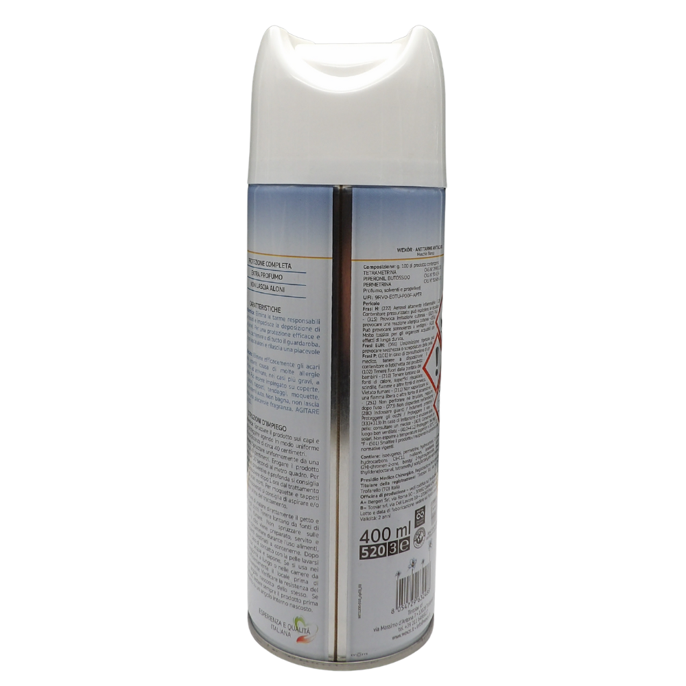 Wexór ANTITARME - ANTIACARO Protezione Profumata a Lunga Durata, NARCISO BLU e FIORI DI COTONE. Ideale Per Capi D’Abbigliamento, Tende, Tappeti, Cuscini, Materassi Etc. 400ml