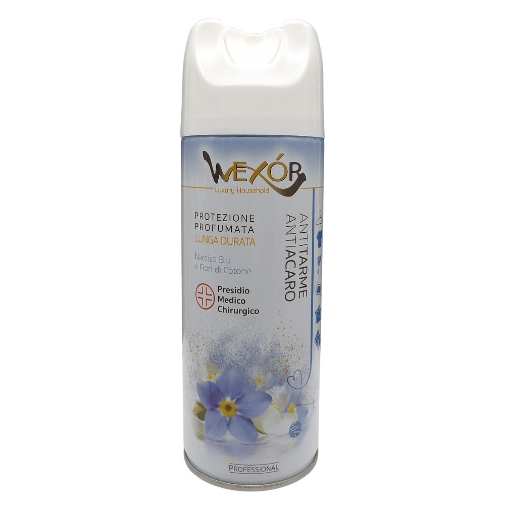 Wexór ANTITARME - ANTIACARO Protezione Profumata a Lunga Durata, NARCISO BLU e FIORI DI COTONE. Ideale Per Capi D’Abbigliamento, Tende, Tappeti, Cuscini, Materassi Etc. 400ml