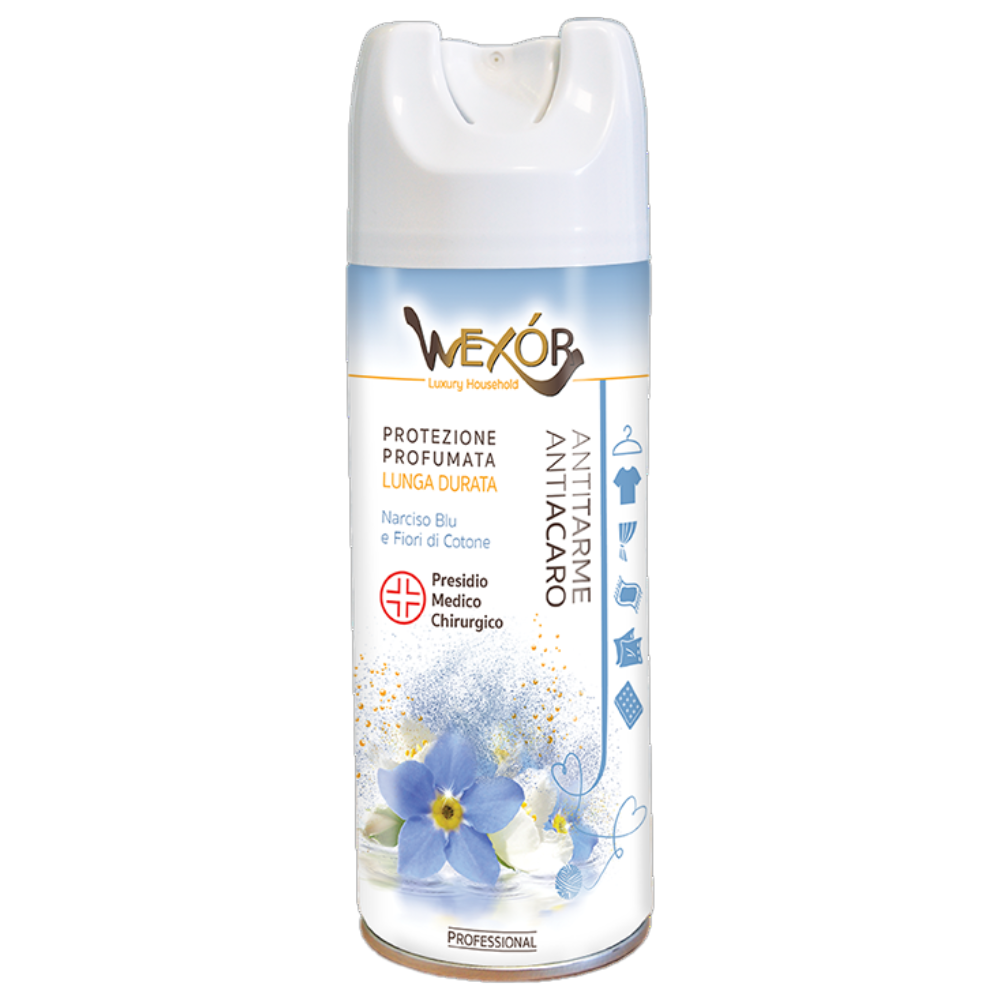 Wexór ANTITARME - ANTIACARO Protezione Profumata a Lunga Durata, NARCISO BLU e FIORI DI COTONE. Ideale Per Capi D’Abbigliamento, Tende, Tappeti, Cuscini, Materassi Etc. 400ml