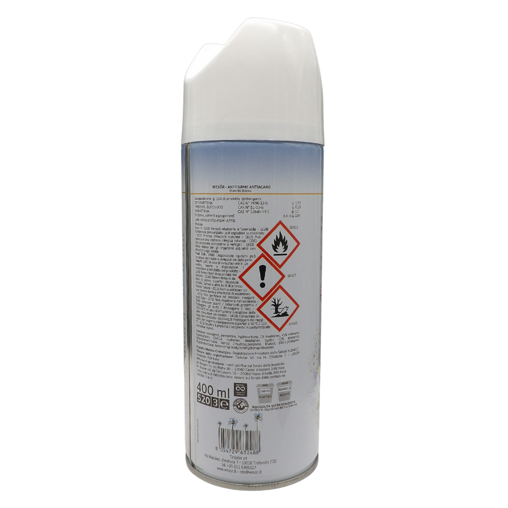 Wexór ANTITARME - ANTIACARO Protezione Profumata a Lunga Durata, NARCISO BLU e FIORI DI COTONE. Ideale Per Capi D’Abbigliamento, Tende, Tappeti, Cuscini, Materassi Etc. 400ml