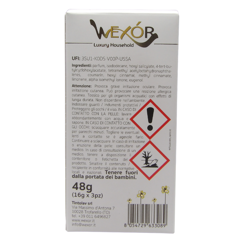 Wexór PLACCHETTE ASCIUGATRICE Profumanti YLANG YLANG, CASHMERE e LEGNO DI PATCHOULI. Resistente Alle Alte Temperature. Ogni Placchetta è Utilizzabile Per Ben 15 Cicli Di Asciugatura 48g
