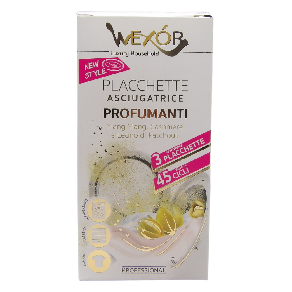 Wexór PLACCHETTE ASCIUGATRICE Profumanti YLANG YLANG, CASHMERE e LEGNO DI PATCHOULI. Resistente Alle Alte Temperature. Ogni Placchetta è Utilizzabile Per Ben 15 Cicli Di Asciugatura 48g